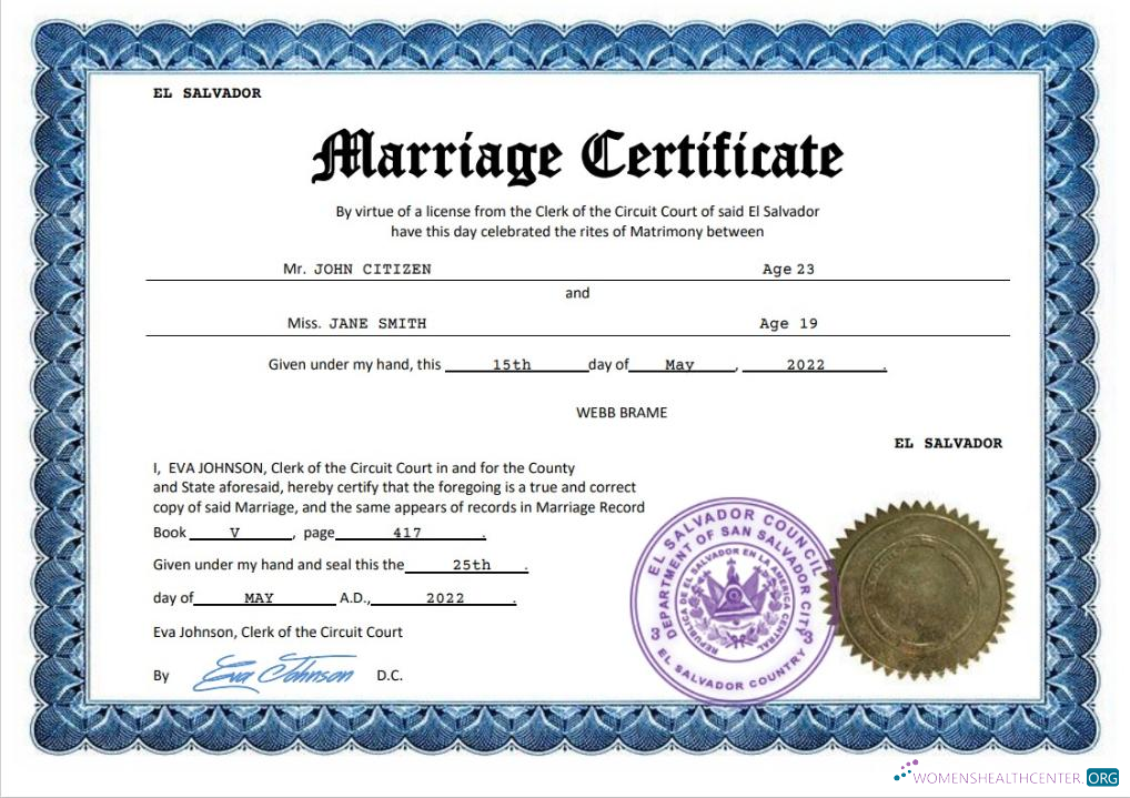 Download El Salvador marriage certificate Word and PDF template Photoshop template